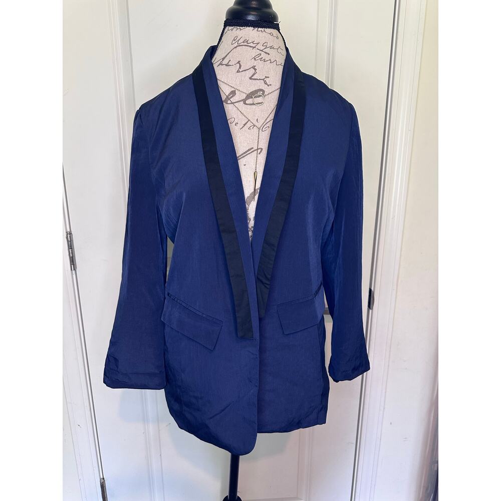 Express Women’s sz L Open Blazer Navy & Black Trim Chic Lightweight Classic Y2K